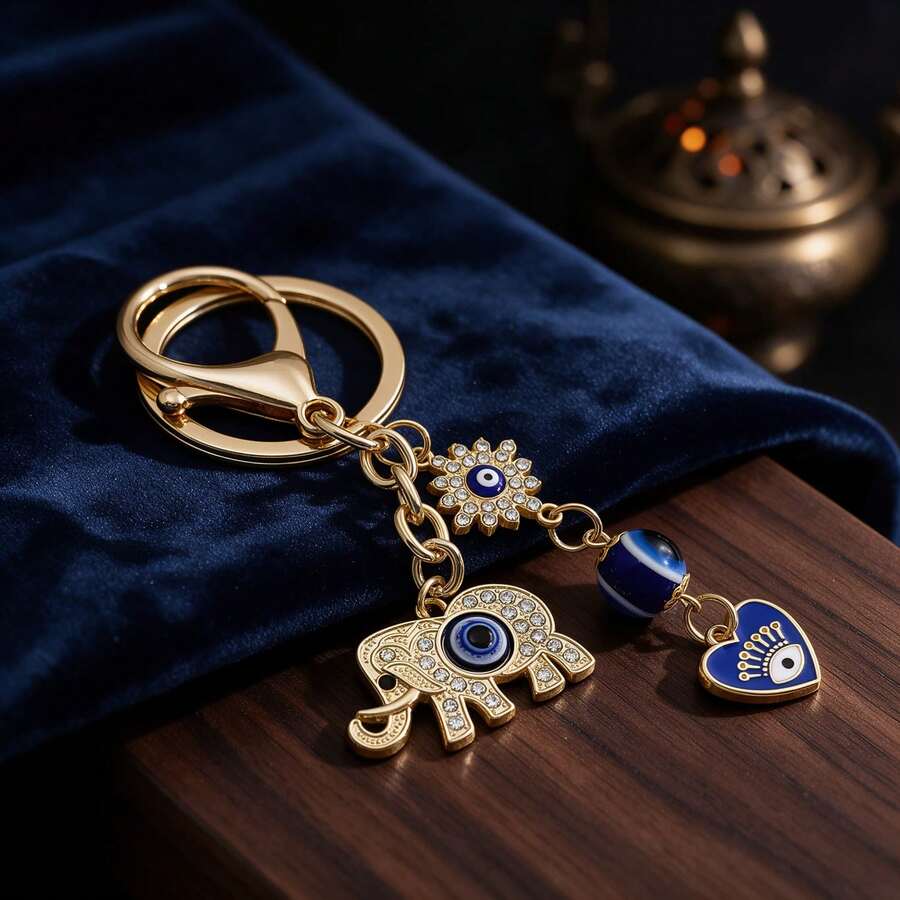 1pc Gold Elephant Keychain, Cute Y2K Evil Eye Lucky Charm Pendant, Japanese Bohemian Style Key Ring, Gift For Women And Girls - Multicolor - View 1