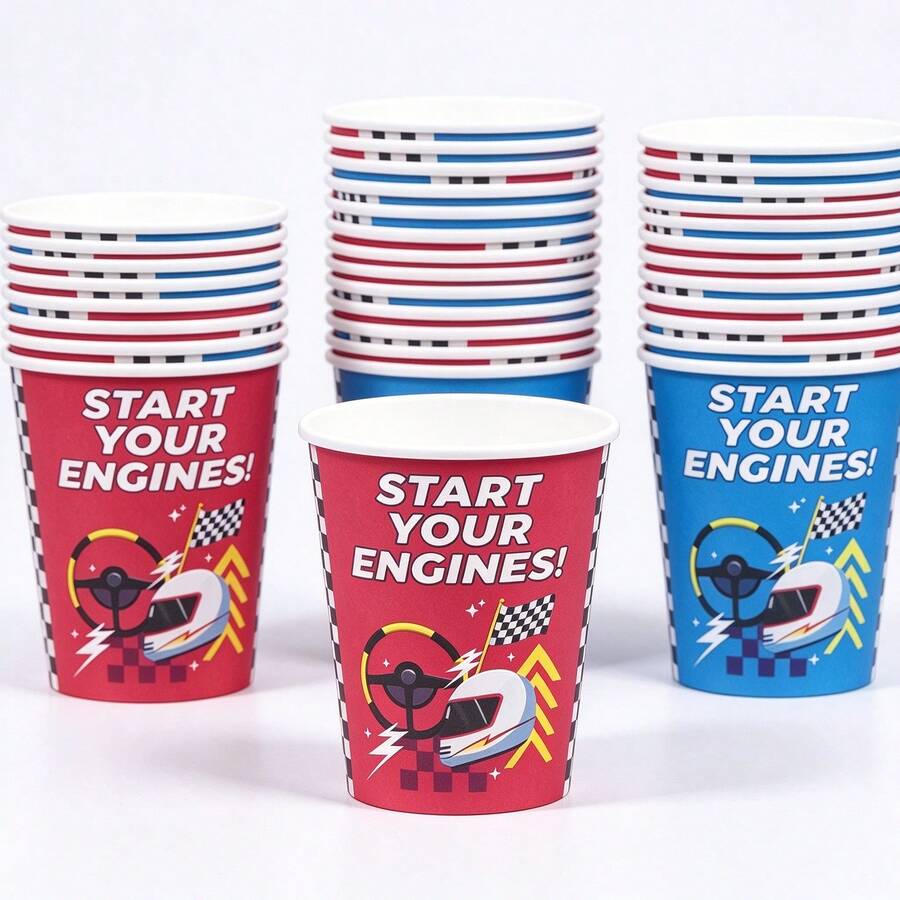 10/25pcs Racing Car Themed Disposable Paper Cups, Start Your Engines Race Flag Print Party Cups For Boys Birthday Party, Racing Theme Party Decorations, Party Drinkware Supplies - Multicolor - View 1