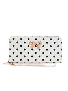 New Polka Dot Print Long Zipper Wallet With Metal Bowknot Decoration, Wrist Strap, Card Slots And Coin Compartment - Multicolor - View 11