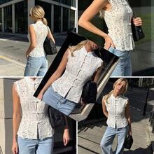 PariChic Top sin mangas de encaje floral blanco calado para mujer 2026, estilo chino nuevo con cuello alto, botones de rana hech - Albaricoque - Ver 1