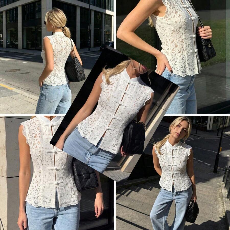 PariChic Top sin mangas de encaje floral blanco calado para mujer 2026, estilo chino nuevo con cuello alto, botones de rana hech - Albaricoque - Ver 1
