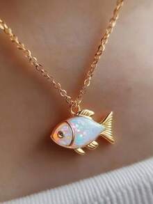 1pc Vintage Elegant Small Fish Design White Enamel Shell Pearl Fashion Pendant Necklace, Suitable For Women's Daily, Party, Travel Jewelry Gift - Yellow Gold - View 1
