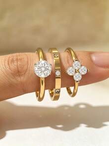 8pcs 18K Gold Plated Stainless Steel Ring Set, Stackable Rings, Clover, Ins Style, Waterproof Jewelry, Elegant Rings, Gemstone Rings, Gold Set Jewelry, Exquisite Gift, - Gold - View 14