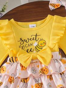 1pc Baby Girl Cute Bee Print Ribbed Romper With Headband, Spring/Autumn Thin Style - Yellow - View 3