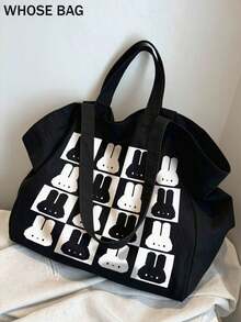 Large Canvas Tote Bag, Black White Checkered Rabbit Pattern Shoulder Handbag, Reusable Shopping Bag For School Work Travel Daily Use, Bag - Multicolor - View 5