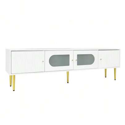 Elegant 170*35*50cm TV Cabinet – White Body With Golden Legs And Handles, 2 Doors With Vertical Grooves, 2 Doors With Arched Glass, 35KG Load Capacity, TV Cabinet, TV Board, TV Stand