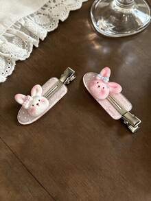 2PCS Cute Rabbit Hair Clips, Girly Pink Plaid Bow Alligator Hair Clips, Fresh Glitter Side Clips, Cartoon Bangs Clips - Multicolor - View 4