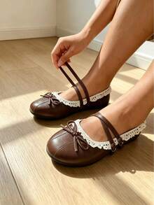 Women's Vintage Buckle Bow Lace Trim Round Toe Mori Style Mary Jane Shoes, All Season - Brown - View 3