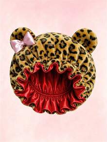Leopard Print Plush 3D Cat Ear Bow Hair Cap, Quick-Drying Soft Sleep Cap, Suitable For Daily And Nighttime Hair Care - Multicolor - View 1