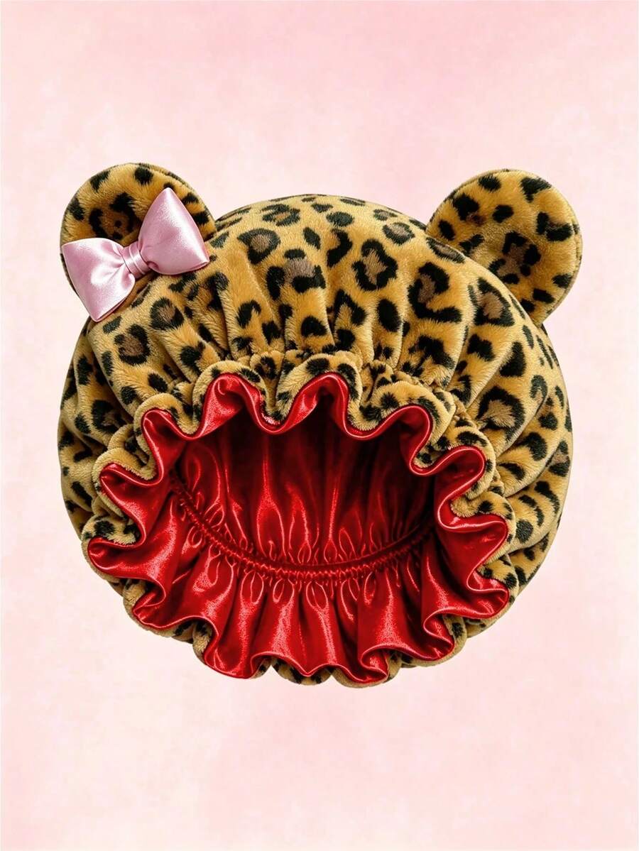 Leopard Print Plush 3D Cat Ear Bow Hair Cap, Quick-Drying Soft Sleep Cap, Suitable For Daily And Nighttime Hair Care - Multicolor - View 1