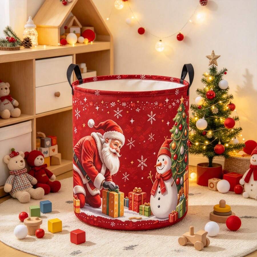 1PC Foldable Christmas Santa Claus Snowman Print Storage Basket, Multi-Purpose Laundry Hamper For Clothes And Sundries, Home Organizer, Bedroom Decor, Room Decor, Christmas Holiday Decor - Red - View 1