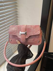 1pc Solid Color Fashion Rivet Denim Texture Asymmetric Flap Vintage Minimalist Elegant Shoulder Underarm Bag - Pink - View 3