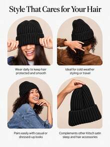 1pc Satin Lining Autumn/Winter Striped Ribbed Warm Knitted Hat, Satin Hair Protection Cold-Proof Woolen Beanie - Ribbed Knit - View 2