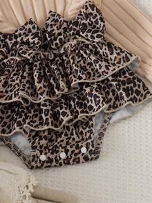 1pc Baby Girl Daily Flutter Sleeve Ribbed Leopard Print Ruffle Bodysuit Dress With Headband And Socks, Spring/Autumn - Apricot - View 5