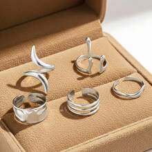 5pcs Minimalist Personalized Premium Stainless Steel Open Ring Set For Women, Asymmetrical Design Exaggerated Adjustable Finger Rings - 5-piece Ring Set - View 6