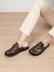 Plus Size Metal Buckle Closed Toe Mule Slippers, Casual Walking Commuting Versatile Slouchy Shoes, Minimalist Premium Men's Thin Fleece Slippers - Brown - View 6