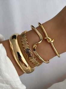 4pcs/Set European And American Cross-Border Wavy Knotted Geometric Round Metal Open Bangle Bracelet Set, Vintage Minimalist Women's Bracelet - Gold - View 1