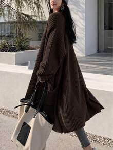 Suéter de punto acanalado de manga larga con cuello en V y bolsillo para mujer talla grande, otoño - Café integral - Ver 5