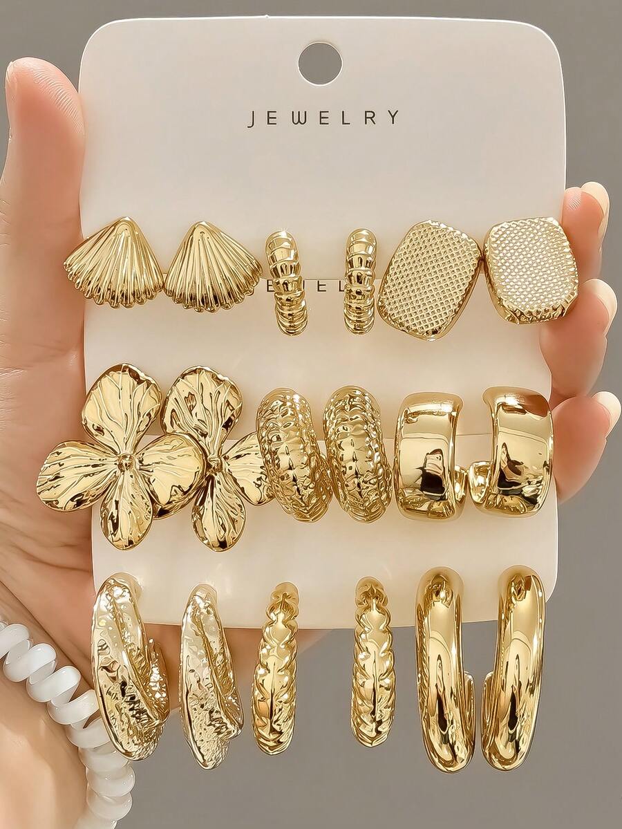 3-9 Pairs Thick Gold Plated Earrings Set, Women's Hypoallergenic Thick Gold Earrings, Multi-Element New Fashion Earrings Set - Gold - View 1