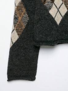 Cardigan Rajut Elegan Warna Polos untuk Wanita CAREE Musim Gugur/Dingin, Kerah Bulat, Kancing Tunggal, dan Tepi Bergelombang - Dark Grey - View 4