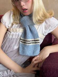 1PC Blue Knit Cross Scarf For Women Fluffy Neck Warmer Y2K Sweet Winter Wrap Party Christmas Gift - Baby Blue - View 2