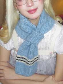 1PC Blue Knit Cross Scarf For Women Fluffy Neck Warmer Y2K Sweet Winter Wrap Party Christmas Gift - Baby Blue - View 1
