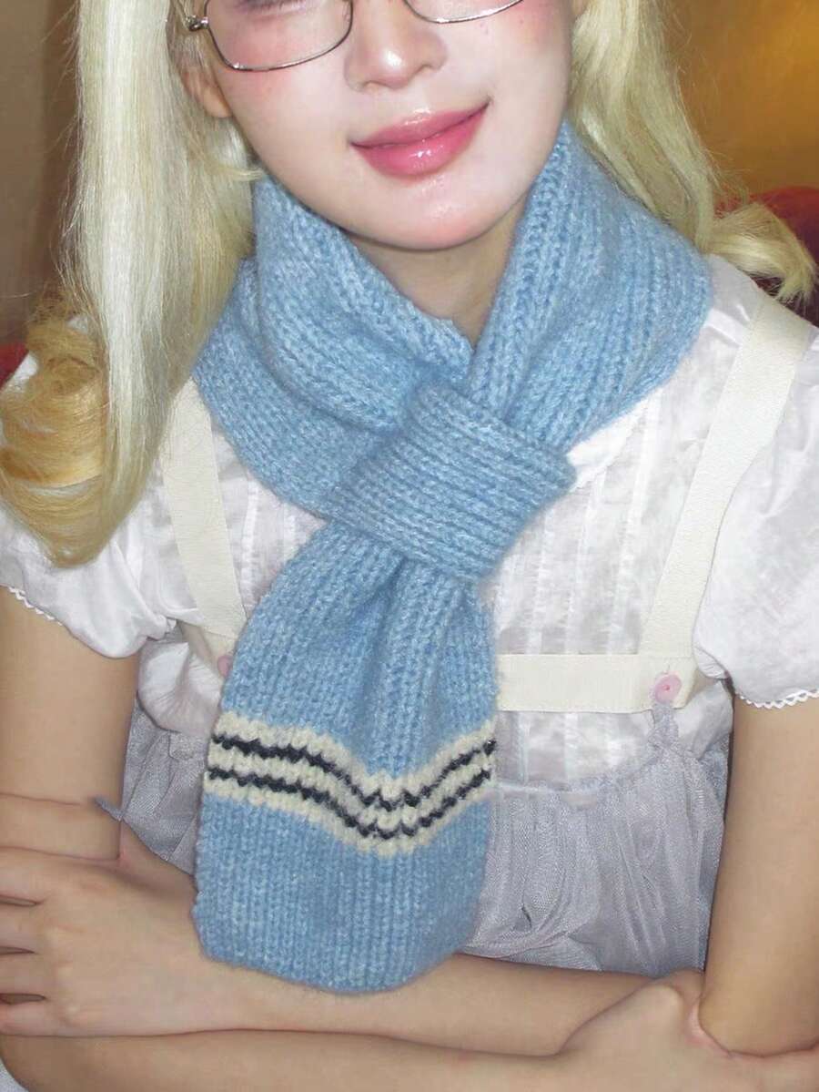 1PC Blue Knit Cross Scarf For Women Fluffy Neck Warmer Y2K Sweet Winter Wrap Party Christmas Gift - Baby Blue - View 1