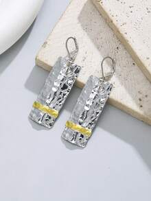 ZHIXUN 1 Pair Ladies' Rectangular Earrings With Hammer Pattern, Vintage Texture, Minimalist And Exquisite Style, Versatile For Parties And Vacations - Earrings - View 5