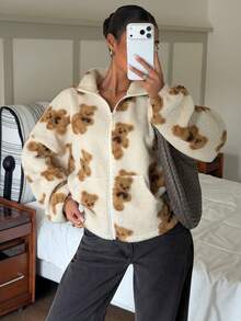 SCARLUX Women Y2K Winter Sherpa Fleece Jacket, Cute Teddy Bear Print Zip Coat, Back To School Daily Commute Christmas Outerwear - Apricot - View 10