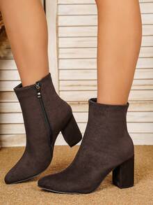 WTKMRSSTEP Pointed Toe Chunky Heel Side Zipper Ankle Boots For Women, Elegant Versatile Autumn/Winter Boots - Brown - View 3