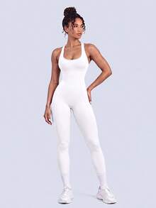 NcmRyu Women's 1pc Elastic Twisted Hollow Back Ribbed Yoga Sports Jumpsuit - White - View 4