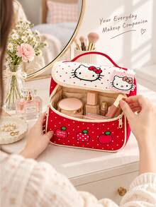 Miniso Sanrio Hello Kitty Apple Polka Dot Makeup Case, Large Open Cosmetic Bag With Handle & Inner Pocket. Stores Makeup, Skincare & Beauty Tools. Ideal For Halloween, Thanksgiving Trips, Christmas Gifts, Cute Kawaii Organizer For Hello Kitty Fans. - Multicolor - View 2