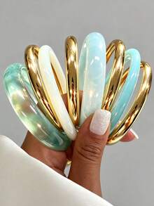 8/4pcs Minimalist Fashion Elegant Resin & Metal Plain Smooth Bangle Bracelet Set, Suitable For Women's Daily Casual, Party, Gathering, Wedding, Layering, Gift - Multicolor - View 9