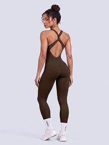 NcmRyu Women's 1pc Elastic Twisted Hollow Back Ribbed Yoga Sports Jumpsuit - Mocha Brown - View 7