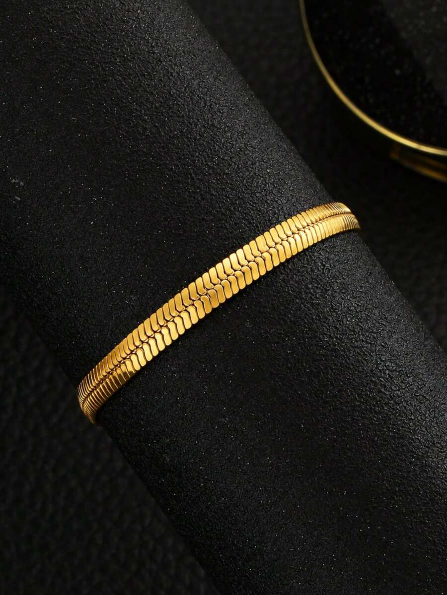 1pc Gold Tone Flat Snake Chain Bracelet Minimalist Shiny Children Jewelry For Boys Girls Daily Wear Back To School Hip Hop Party Birthday Gift - Gold - View 1