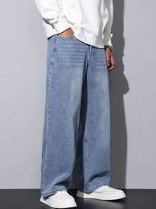Men's Y2K Loose Oversized Light Blue Wide Leg Jeans - Blue - View 2