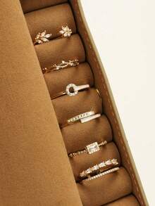 6pcs Copper Gold-Tone French Leaf Geometric Criss-Cross Hollow Open Ring Set, Elegant Sophisticated Luxury Niche Design Fashion Rings For Women, Suitable For Daily Wear, Parties, Weddings And Festivals - Gold - View 1