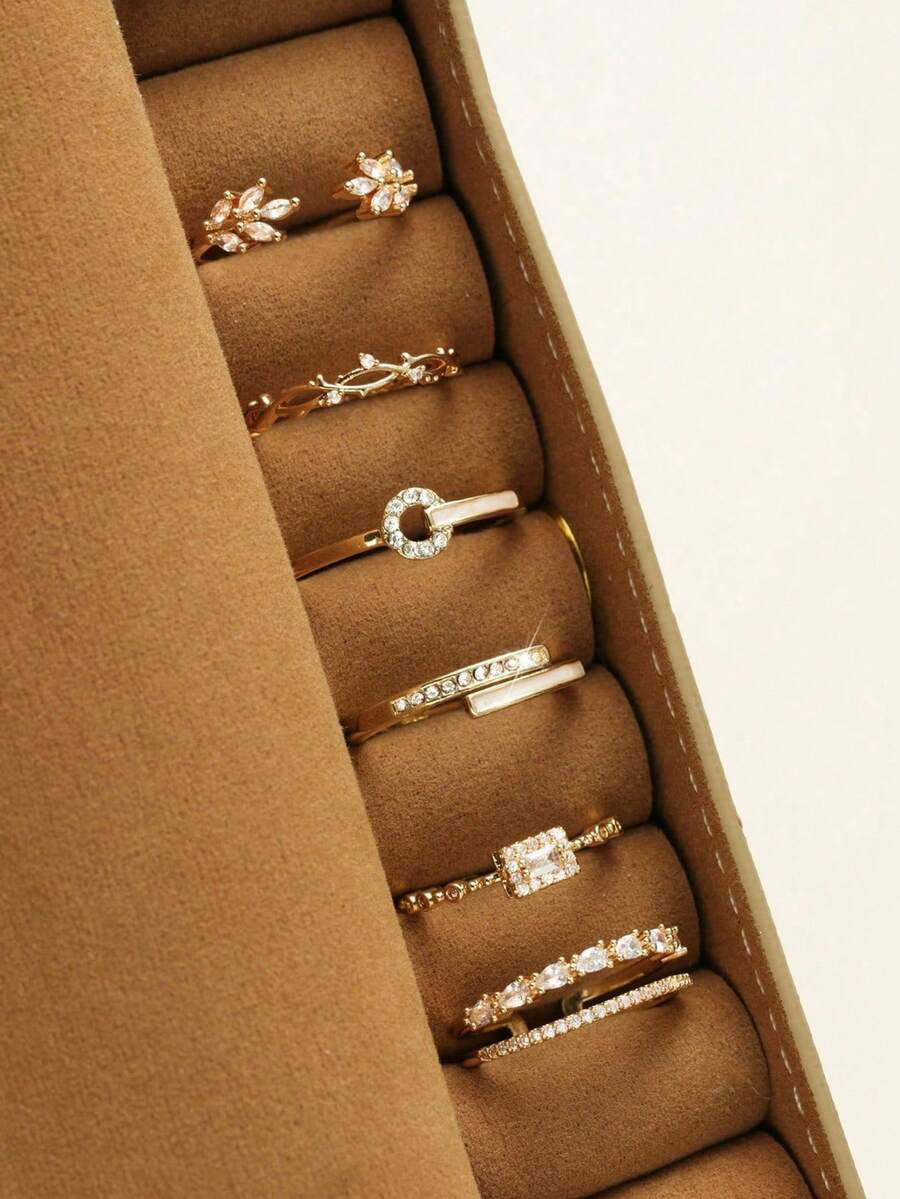 6pcs Copper Gold-Tone French Leaf Geometric Criss-Cross Hollow Open Ring Set, Elegant Sophisticated Luxury Niche Design Fashion Rings For Women, Suitable For Daily Wear, Parties, Weddings And Festivals - Gold - View 1