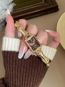 1pc Fashionable Gold Women's Watch, Brown Dial, Rhinestone Bezel, Elegant Design, Suitable For Daily Wear, Party And Gift - Gold - View 2
