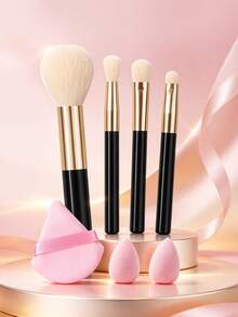 7PCS Makeup Brush Set Powder Brush Highlighter Brush Eyeshadow Brush Concealer Brush Mini Makeup Sponge Pink Triangle Powder Puff Beginner Portable Makeup Tools - Black - View 3