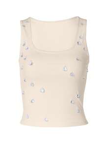 Top corto acanalado con strass en forma de lágrima para mujer, ajuste ceñido, estilo sexy y casual de moda para verano 2026 - Albaricoque - Ver 7