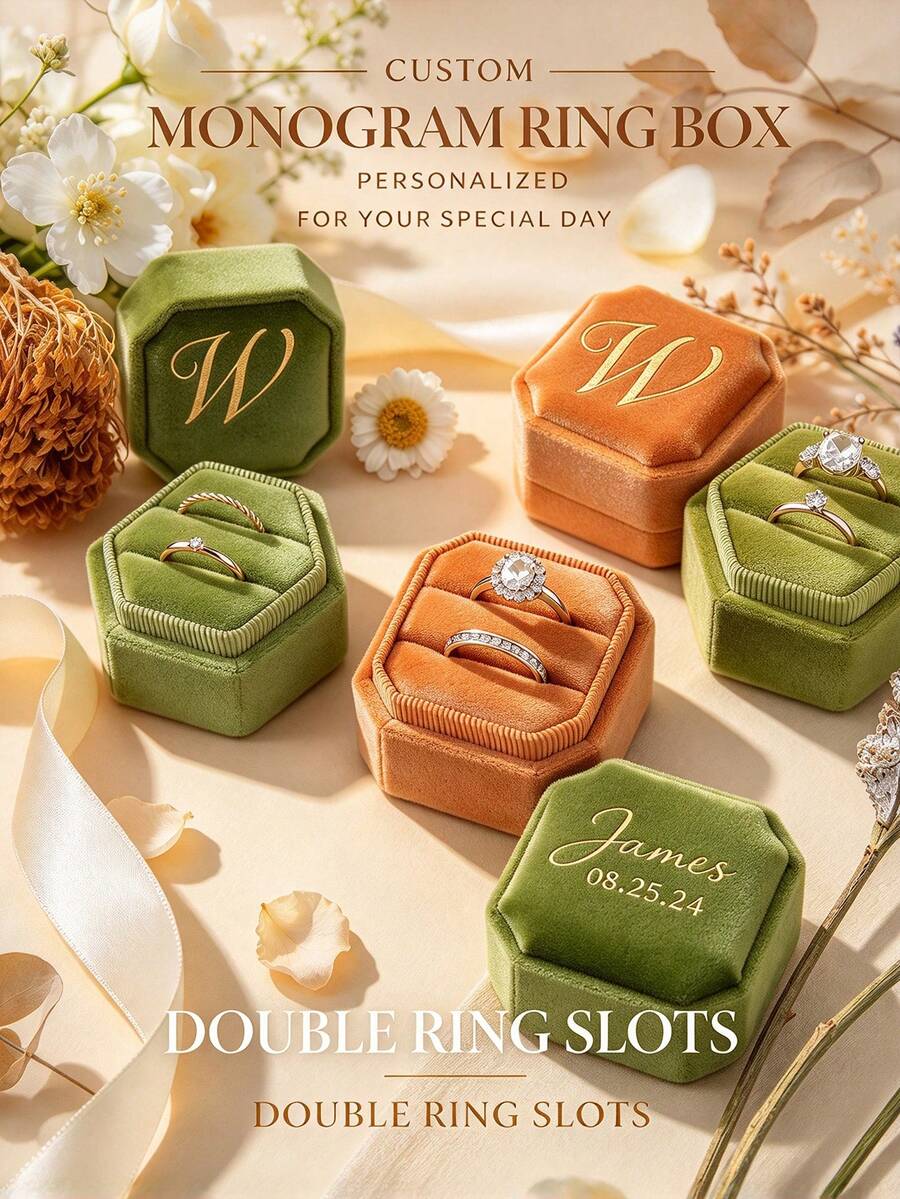 Customized Velvet Ring Box, Engravable Initials, Personalized Engagement Ring Box, Dual Slot Wedding Ring Box, Elegant Proposal Ring Box, Wedding Keepsake Engraved Ring Box - Multicolor - View 1