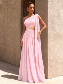 UNITHORSE Women's Elegant One-Shoulder Hollow Back Tie Design Slit Sleeve Chiffon Evening Dress - Baby Pink - View 4