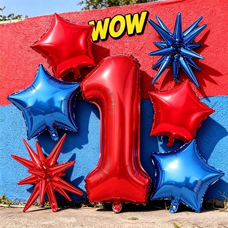 7pcs 32 Inch Red Number Set, With Red And Blue Star And Explosion Foil ...