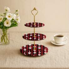 3-Tier Wooden Serving Tray Stand With Red & Black Plaid Christmas Pattern And Gold Frame, Suitable For Holiday Party Dessert Cake Cupcake Display Kitchen Decor, Festive Feast, Elegant Presentation, Durable Material, Cake Stand, Serving Tray, Event Planner, Party Host - Multicolor - View 2