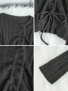 Design Drawstring Ruched Short Knit Top, Grey Ribbed Long Sleeve Waist-Cinched Slimming Top For Women - Dark Grey - View 9