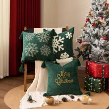 1pc Christmas Throw Pillow Cover, Snowflake Embroidery 18x18 Pillowcases Home Xmas Gold Decorative Cushion Cover Soft For Sofa Bed Chair (NO INSERT) - Dark Green - View 5