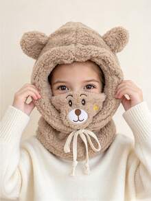 1pc Baby Cartoon Bear Ear Fleece Knitted Hat With Mask, Warm Headwear, Thickened Ear Protection Skull Cap, Neck Warmer - Multicolor - View 22