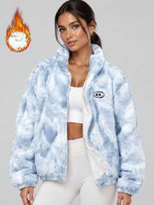 Women Light Blue Tie Dye Stand Collar Zip Up Teddy Jacket - Blue - View 4