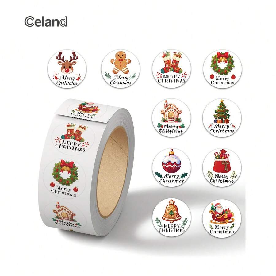 Gift Box Packaging Bag Tape Sticker, Pattern Festival Party Gift Decoration Label, Christmas Holiday Happy Celebration Decoration Label Sticker, Holiday Decoration Gift Series Sticker, Christmas Roll Sticker Daily Decoration Gift Series Sticker Label - Multicolor - View 1